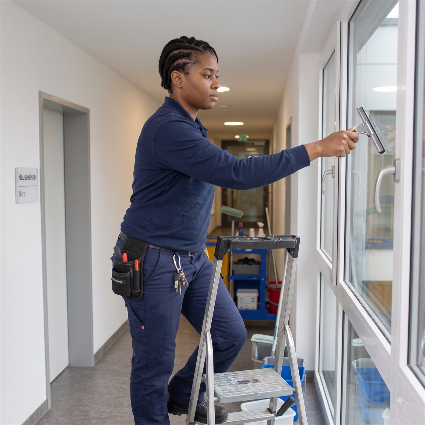 Mitarbeiterin des Glas & Grünservice-Teams bei der Fensterreinigung mit dem Abzieher
